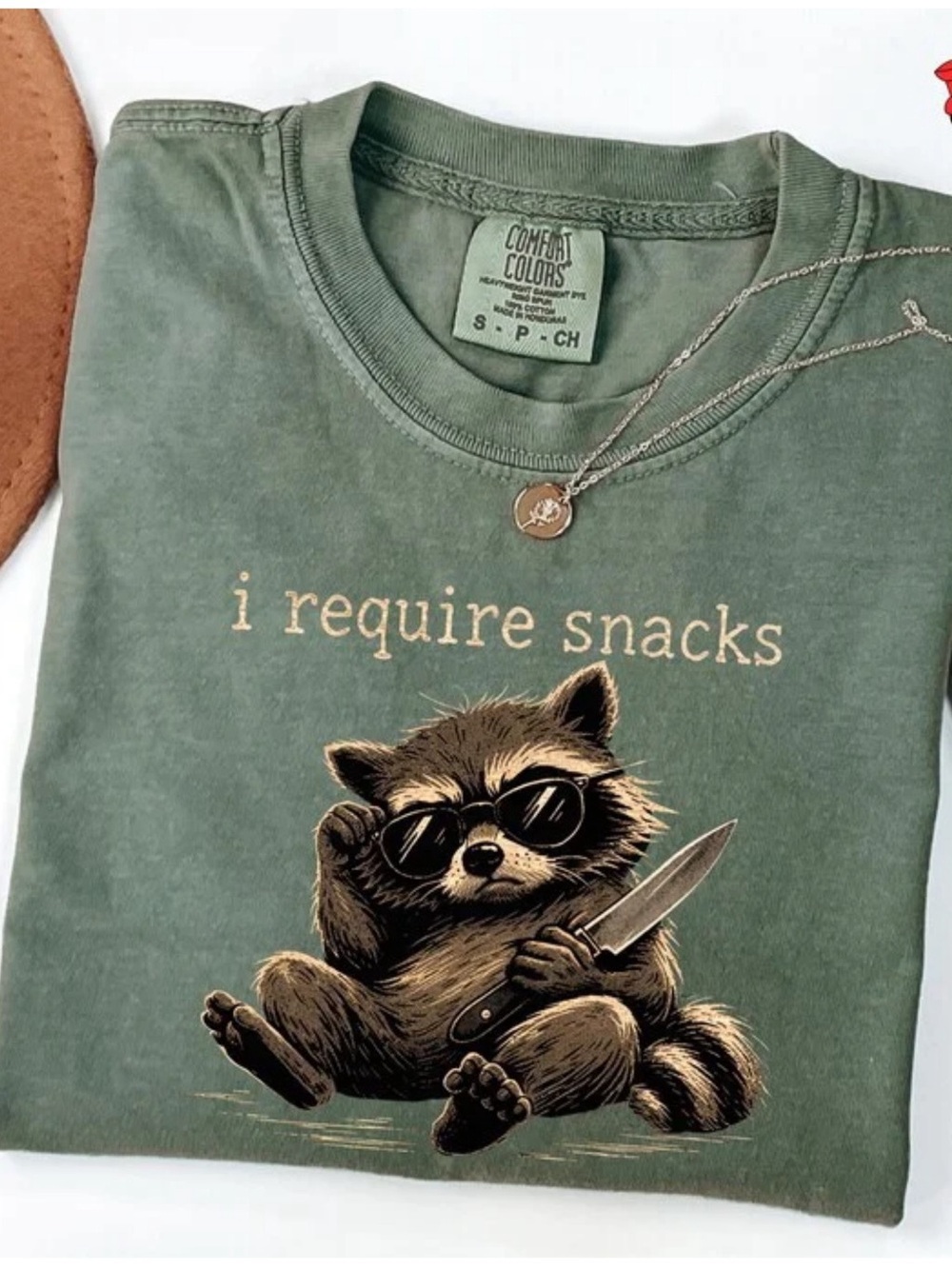 Comfort Colors Raccoon Graphic Tee in Moss Green & Brown